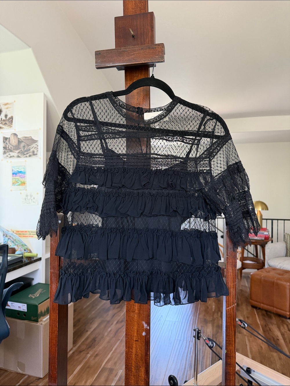 THE GREAT. Black Lace Ruffle Short Sleeve Blouse